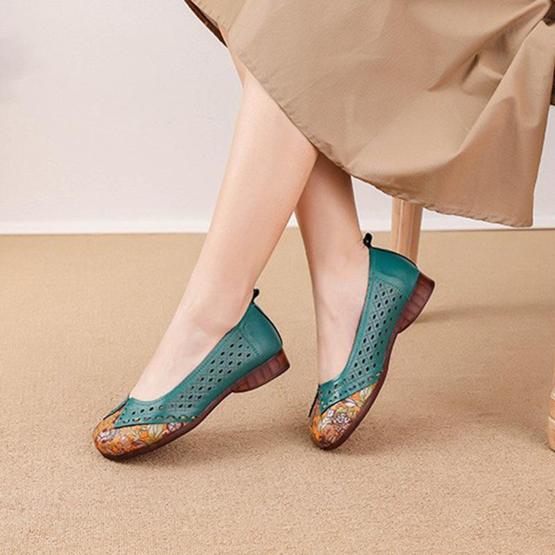 Pravá kůže Měkká podrážka Baleríny na jaro a léto, Protiskluzové Děrované Prodyšné Kožené Měkké Podrážky Mokasíny