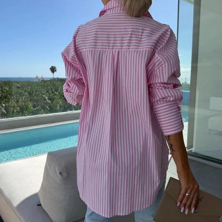 Casual Loose Women Long Sleeve Blouse Blue Pink Striped Button Shirt One Pocket Office Lady Camisas Femininas Camisas Lisas