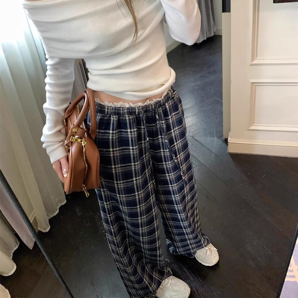 

Women s Retro Plaid Wide-Leg Casual Pants with Lace Trim - Spring/Autumn Loose Fit XL
