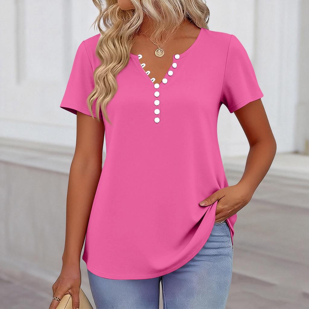 Women’s Casual Short Sleeve V Neck Button Front Blouse Comfortable Relaxed Fit Basic Summer Top for Daily Wear