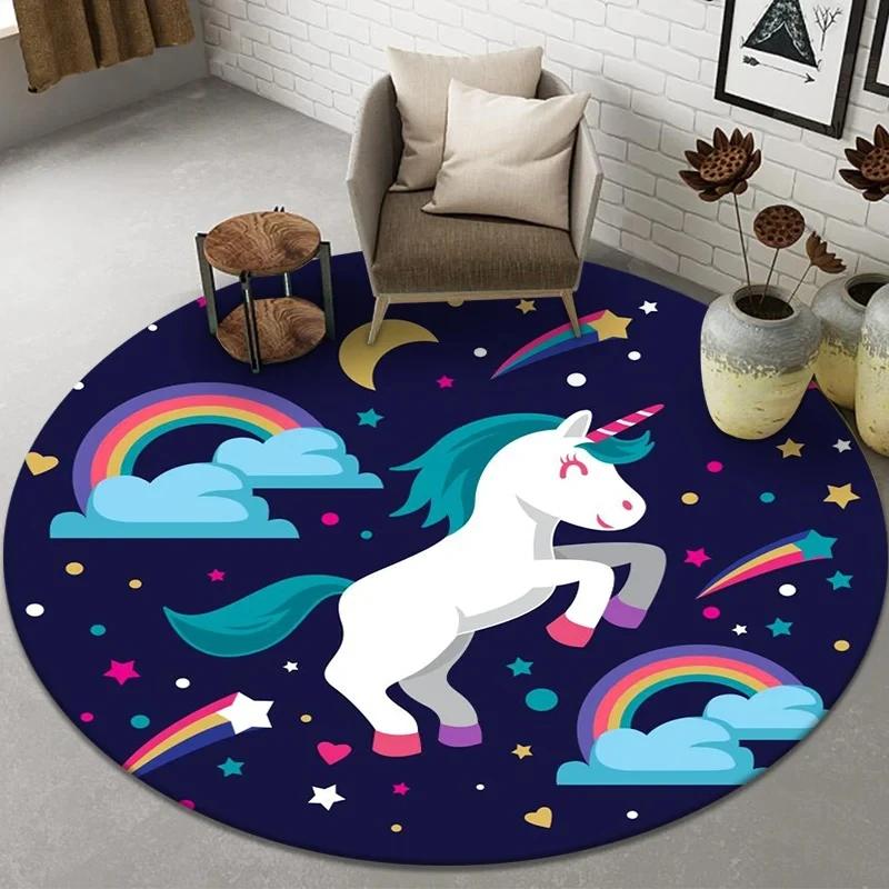 Cute Cartoon Unicorn Round Carpet Non-slip Rug for Office Living Room Bedroom Decor Soft Play Floor Mat Bathroom Kitchen Doormat