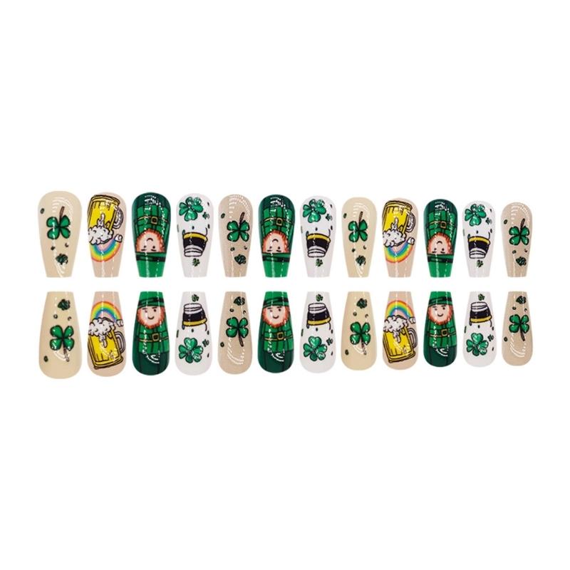 24 Pcs Saint Patricks Day Press On Nail Glossy False Nail Shamrocks Acrylic Nail Medium Ballerinas Stick on Nail