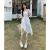 White Tea-Length Irregular Ruffle Dress - Waist-Cinching, Slimming Fairy Design