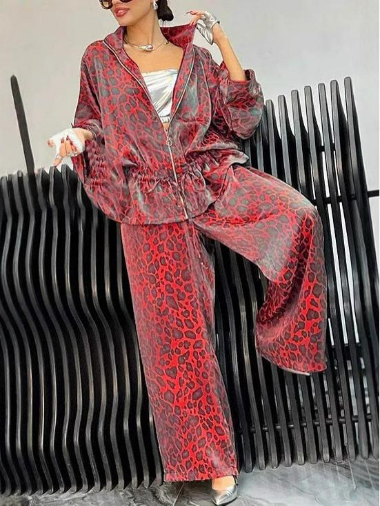 Damen Leopardendruck Langarm Freizeitset mit Kordelzug in der Taille - Herbst/Winter Kollektion 2024