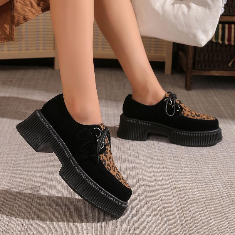 Fashion Leopard Print Sneakers Woman Spring Faux Suede Platform Shoes Thick Sole Lace-up Dress Oxford Retro Loafers Zapatos De Mujer