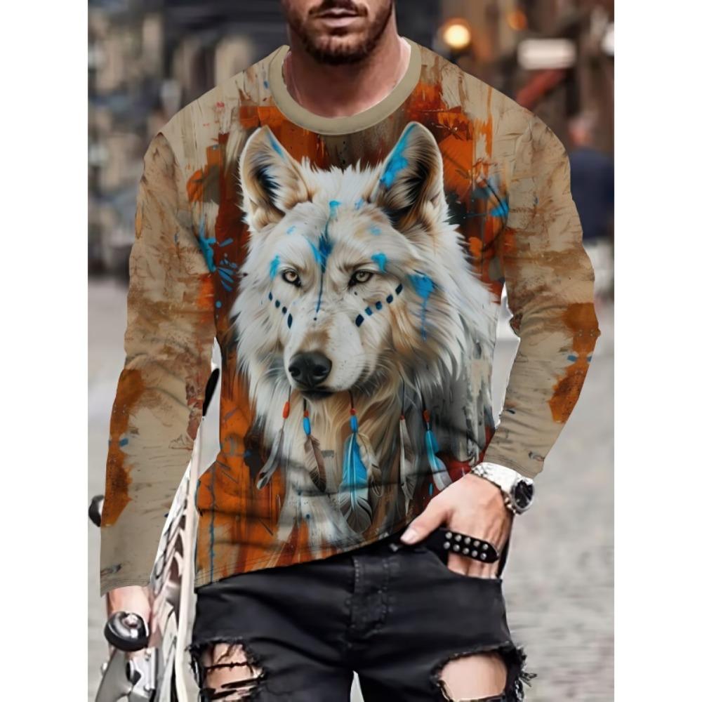 Skeleton Sheep Horn Pattern T-Shirt For Men Tiger Cat Deer 3D Printed T Shirts Autumn Casual Loose O-Neck Tops Tees Long Sleeves