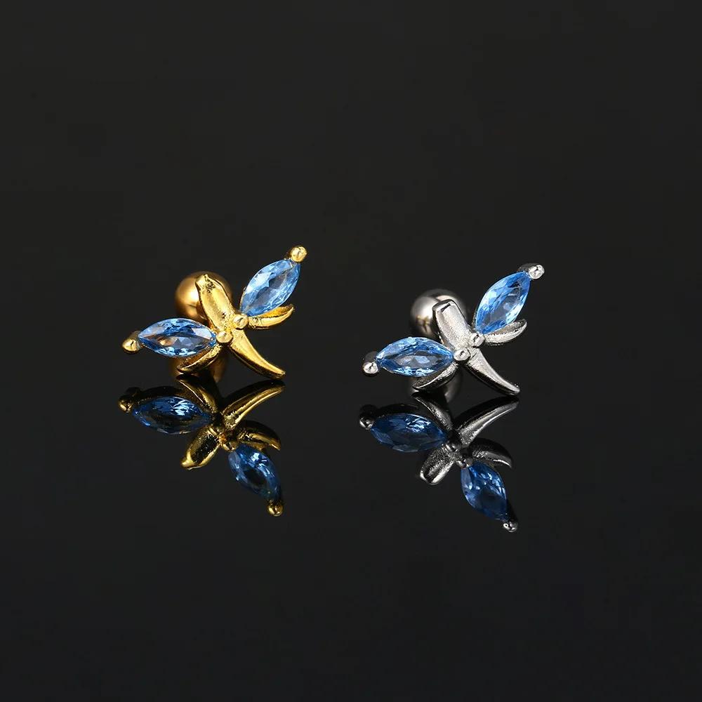 Zircon piercing piercing bone nails Butterfly flower earrings Titanium steel screws screw stud earrings Zircon