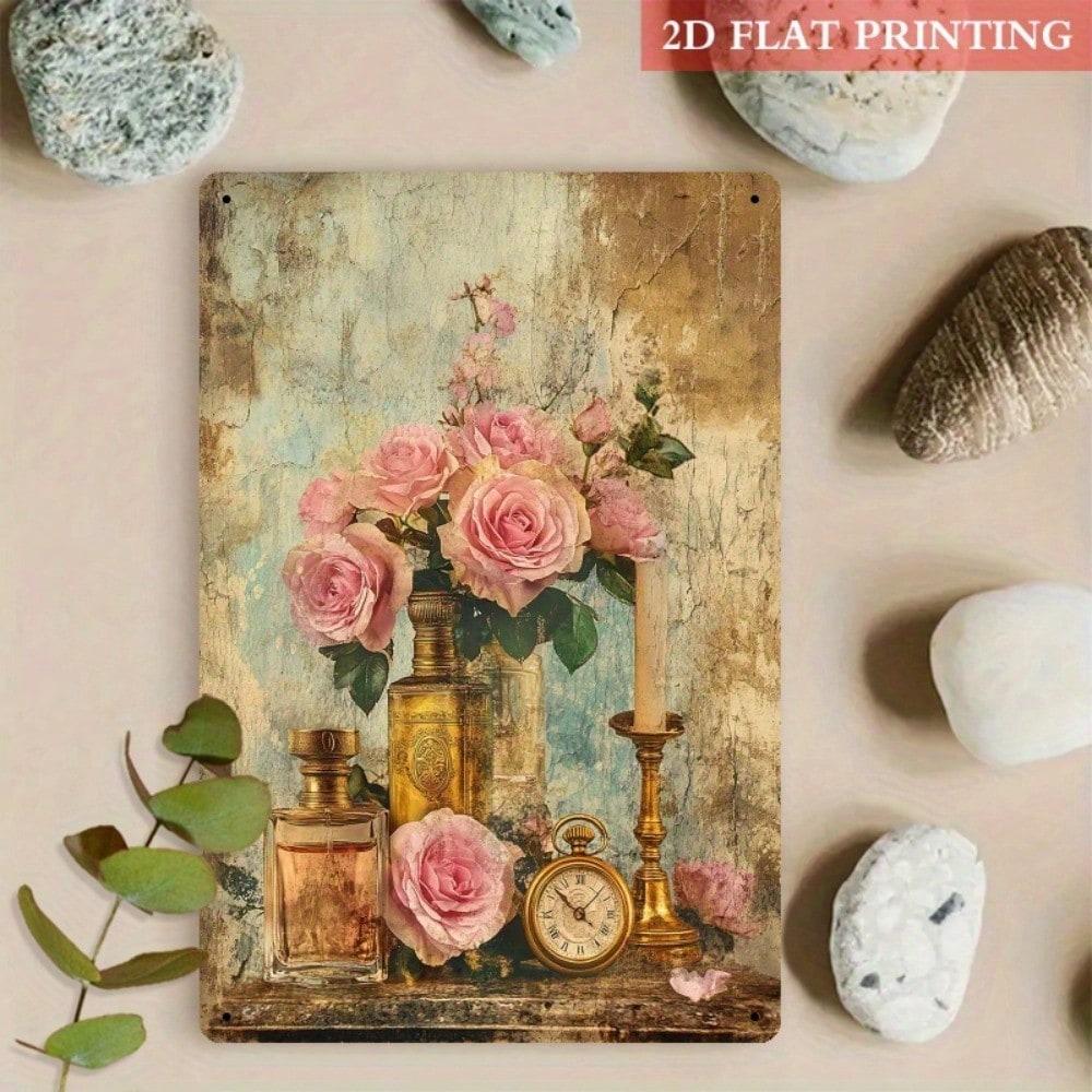 

Vintage Tin Sign Wall Art, Roses Perfume Poster, Retro Metal Decor for Living Room