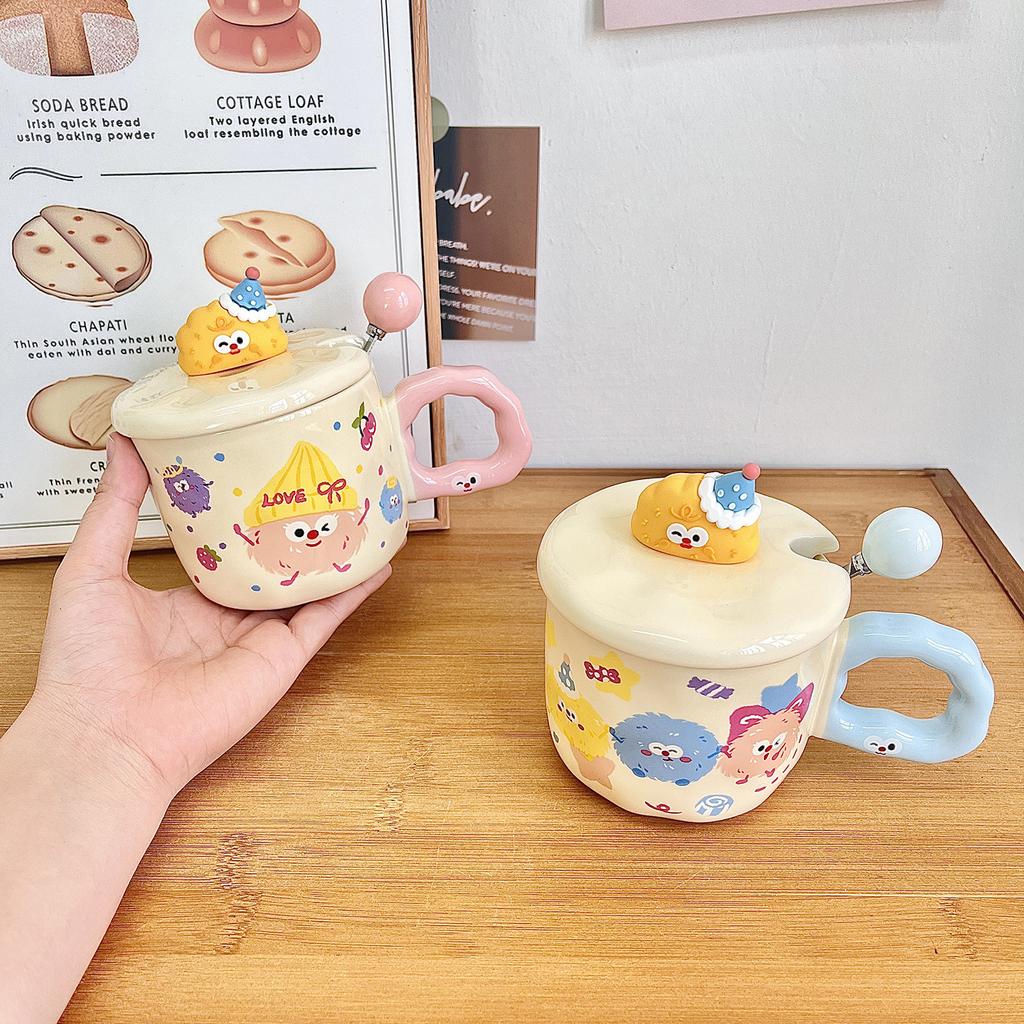 Cute Coal Ball Mug With Lid Spoon High Value Girl Heart Cup Ceramic Couple Water Cup Girl Birthday Gift