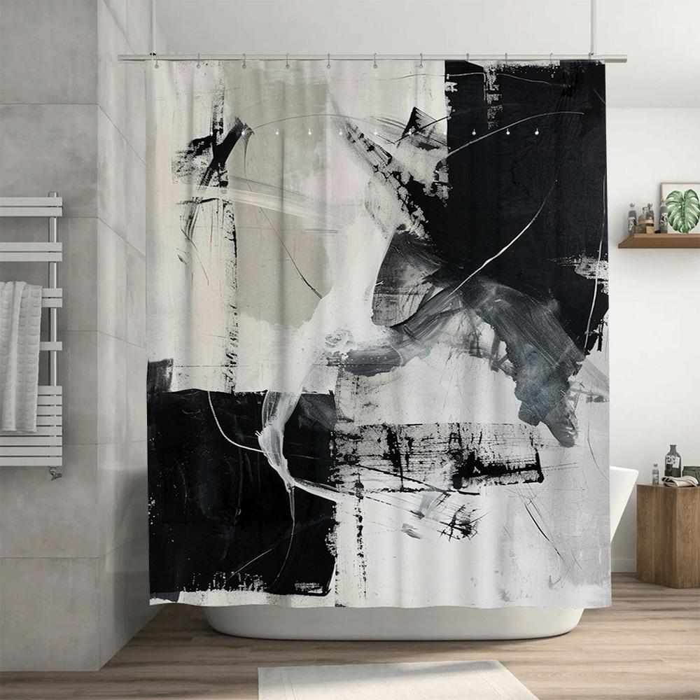 Cortina de Chuveiro Preto e Branco Abstrata Design Moderno Artístico Para Decorações de Banheiro Instalação Fácil Com Conjunto de Argolas de Gancho Por Tau