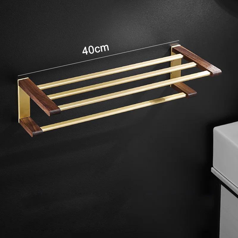 Golden Bathroom Shelves Bathroom Wood Towel Rack Wall Mounted Storage Towel Bar Pole Slippers Rack Tripod Toilet Paper Shelf