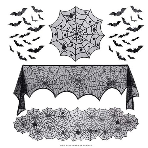 

Forhomelife 39-Piece Halloween Tablecloth Decoration Set, Black Table Runner, Spider Web Lace, Large Halloween Bat Stickers, 36 Stickers, Party Suppli