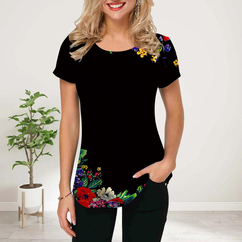 Damen T-Shirt mit Blumenmuster, kurzärmelig, lässig, bedruckt