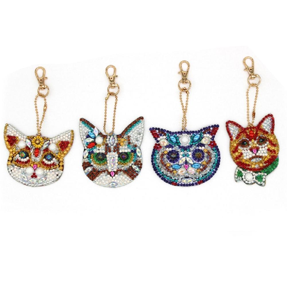 Handmade Cute DIY Full Rhinestones Painting Keychain Key Ring Decoration Pendant Ornament(Cat Head )
