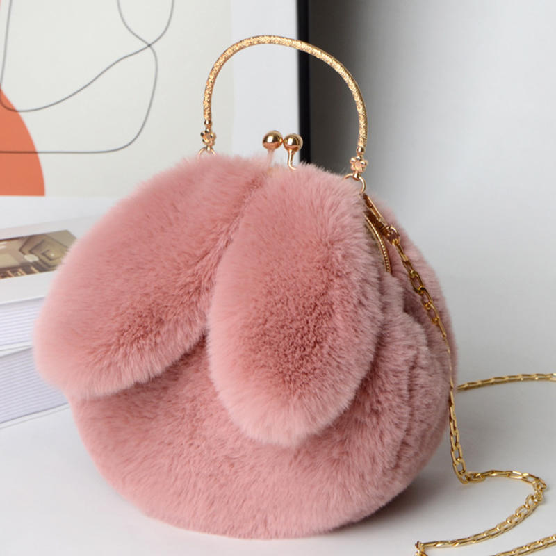 Rabbit Shaped Fluffy Shoulder Bag Fashion Chain Crossbody Bag Plush Handbag Cute Zipper Purse For Valentine's Day