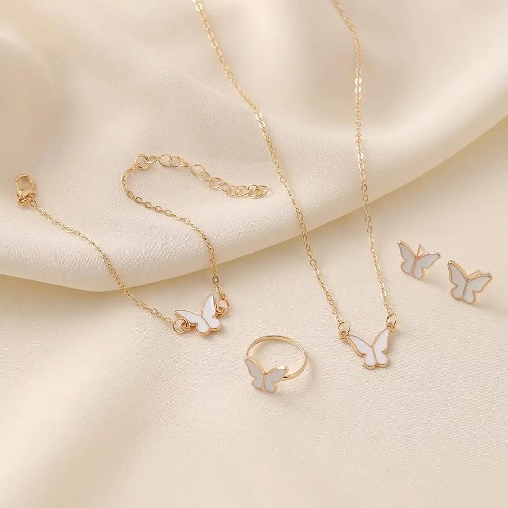 5 Pieces Gold Color Lady Enamel Butterfly Pendant Fashion Accessories Simple Necklace Bracelet Ring Earrings Party Zircon Set