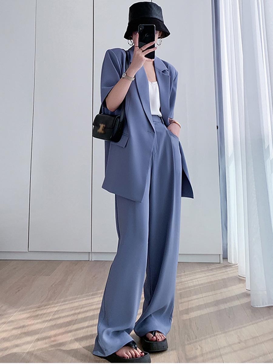 

Summer Plus Size Women s Pantsuit: Wide-Leg Pants and Loose Short-Sleeve Blazer Set M
