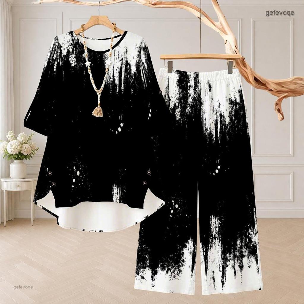 Women Plus Size Round Neck Mid Sleeve Printed Asymmetrical Top Wide Leg Pants Two Piece Set