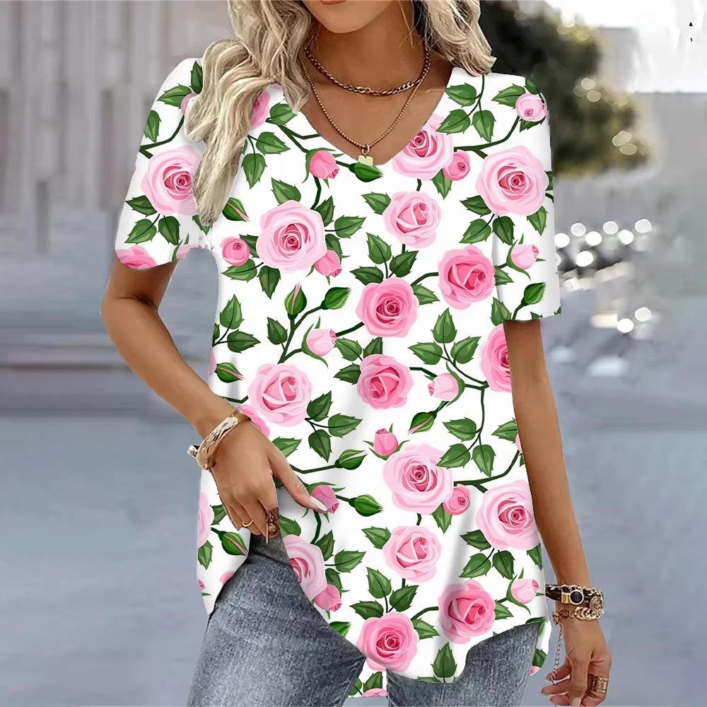 Casual Versatile Plant Pattern Short Sleeve V-Neck T-Shirts Women’s