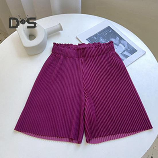 Women Shorts Elastic High Waist Ribbed Design Solid Color Casual Loose Fit Shorts Summer Wide Leg Shorts