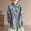 Vår Kvinnor Bomull Linne Långärmad Skjorta Retro Topp Kvinnor Vintage Broderi Knäppning Blus