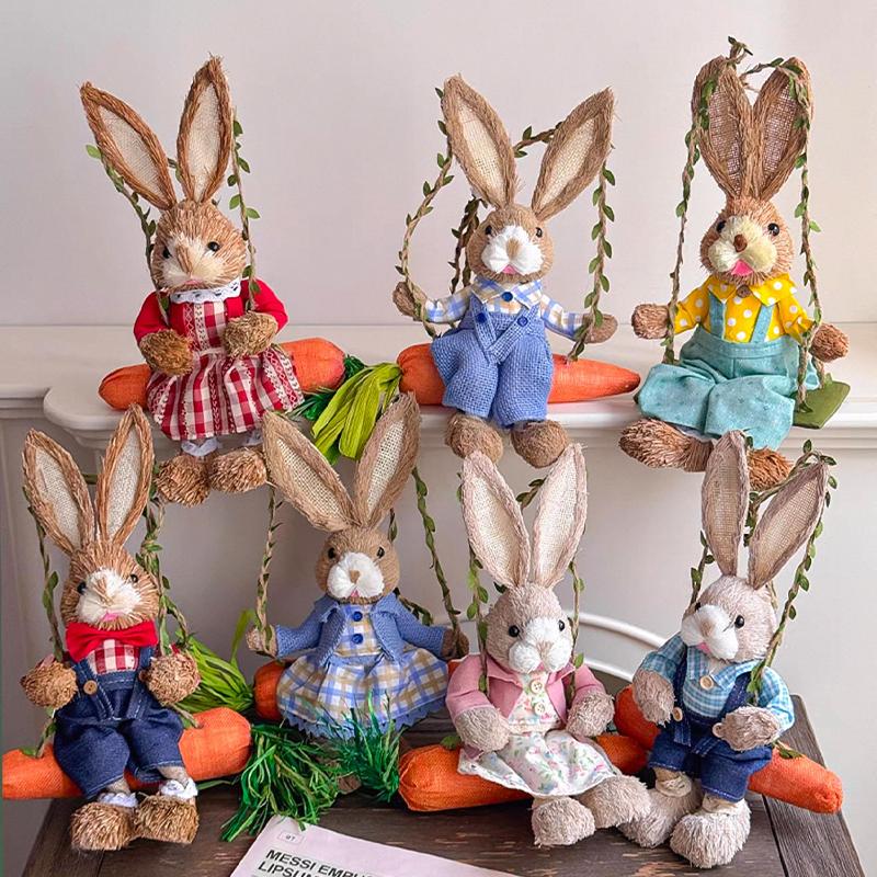 13.8Inch Easter Rabbit Decoration Swing Bunny Figure Straw Craft Ornament For Home Holiday Cute Bunny Easter Decoration