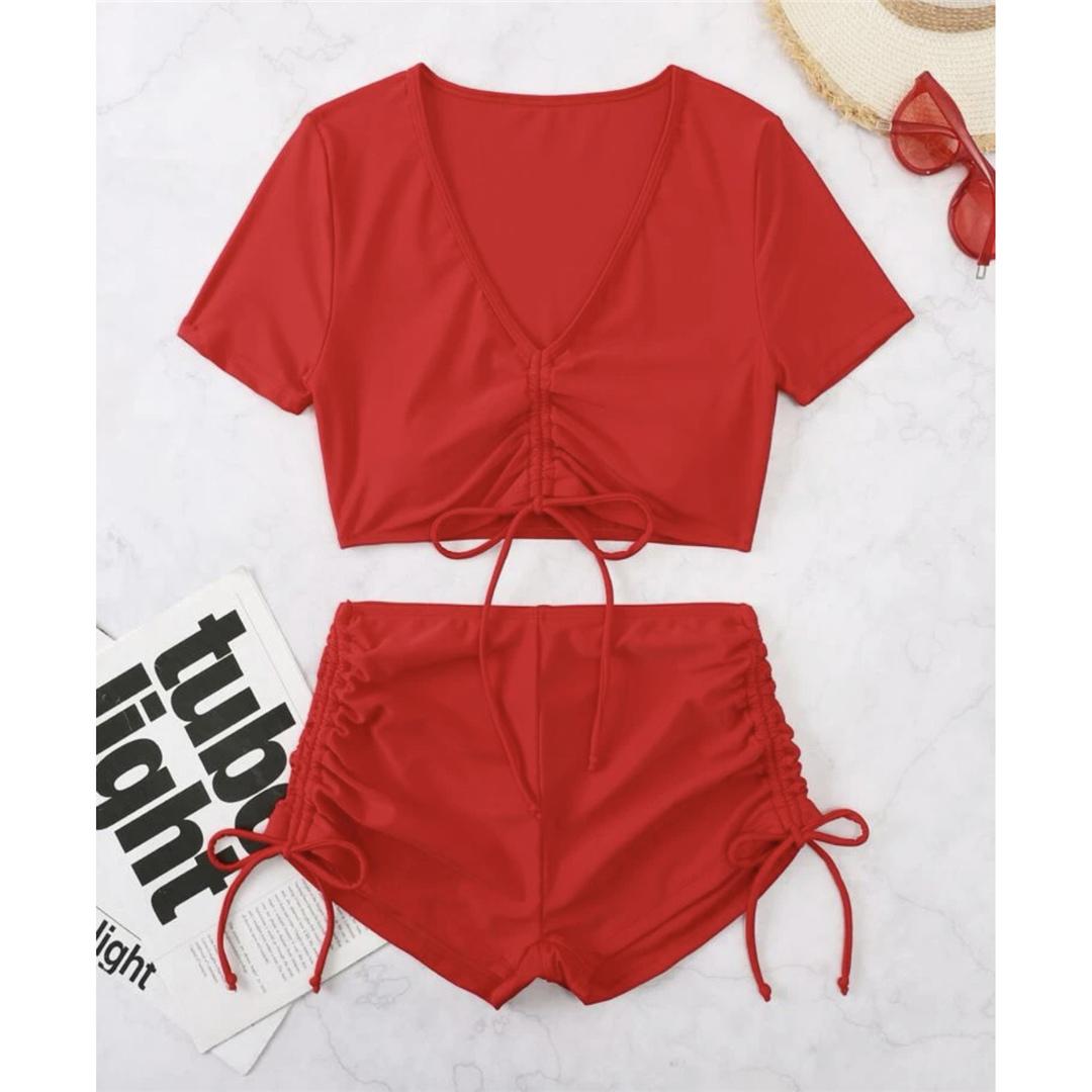 

модний сексуальний жіночий купальник з коротким рукавом і високою талією на шнурівці. Жіночий купальний костюм із двох частин. Комплект бікіні. Купальний костюм для плавання. L червоний