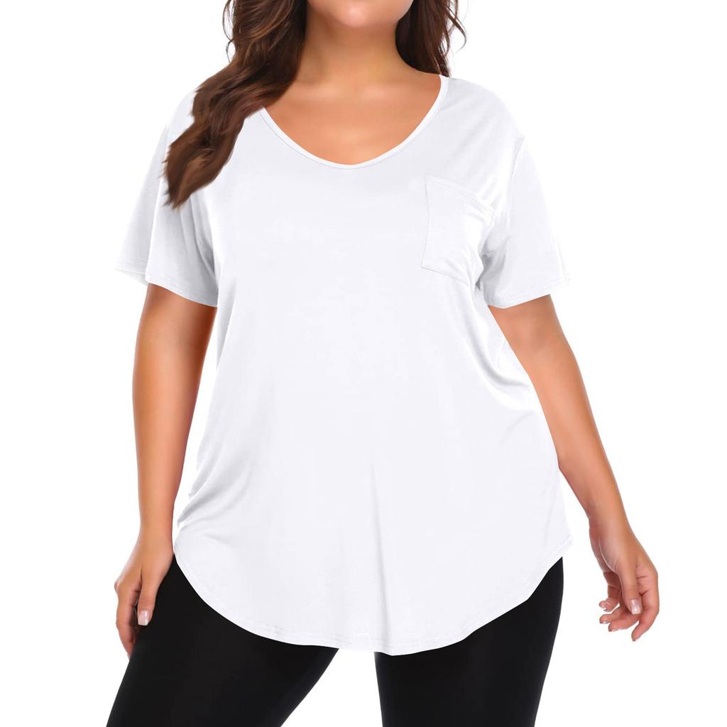 Women's Solid Color Large Size V-neck Top Loose Pocket T-shirt