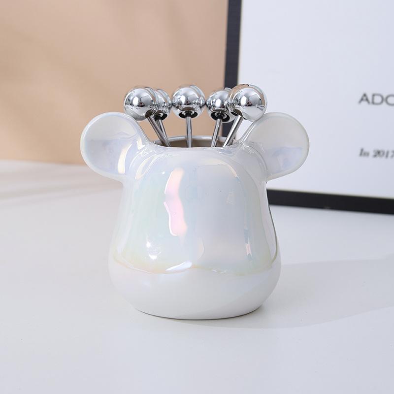 Fruit Fork Storage Jar Cute Animal Shape Ceramic Fork Holder Jar with 6 Stainless Steel Fruit Fork for Home Kitchen
