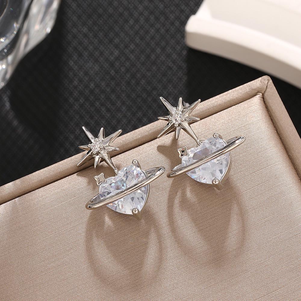 Elegant Eight-Pointed Star Zirconia Heart Stud Earrings: Luxury Geometric Dangle for Women - Japanese Korean Fashion.