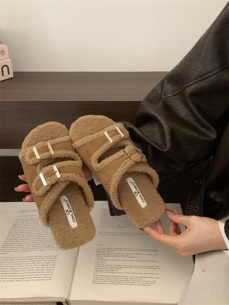 Belt Buckle Retro Birkenstock Fluffy Slippers for Women's Outer Wear 2025 New Autumn and Winter Indoor Flat-bottomed Velvet Cotton Slippers