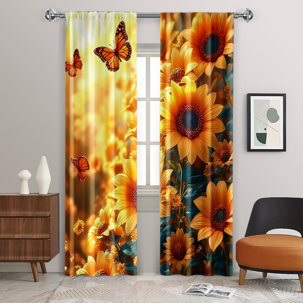 2pc,  Window Curtains Sunflower 100% Polyester,Without Electricity Family Party Decoration Applies To Hotel Decoration