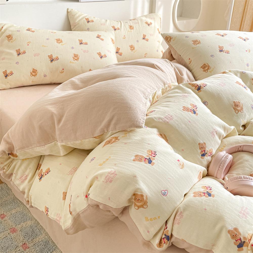 Pure Cotton Class A Maternal And Infant Grade Double-Layer Yarn Four-Piece Set, Summer Breathable Small Floral Dormitory Can Be Washed Without Pilling