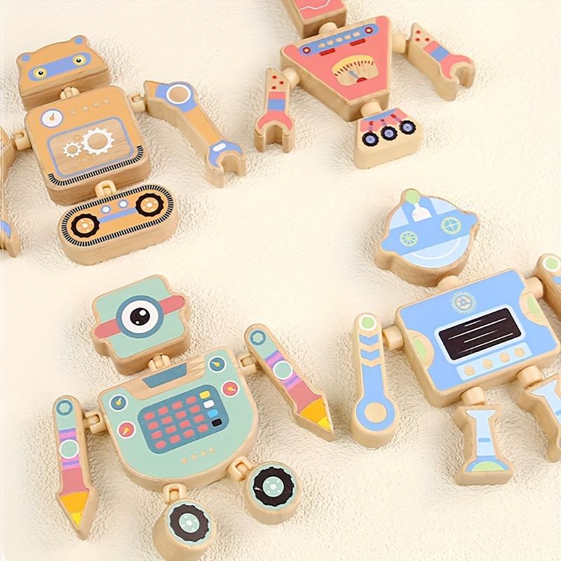 New Wooden Assembled Robot Toys, Fun Snap Design, 4 Different Robots Desktop Game, Christmas Easter Gift for Boys And Girls Over 3 Years Old