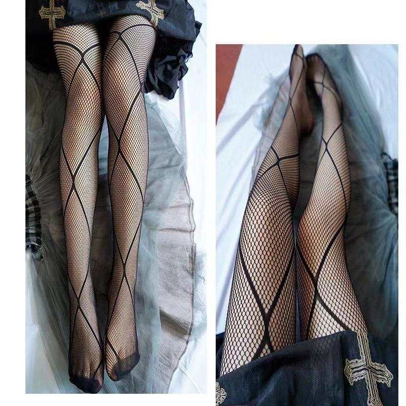 Japanese Style Women's Tights Summer Nylon Print Stocking Sexy Lingerie Gothic Hosiery Seamless Fishnet Mesh Pantyhose High Sock