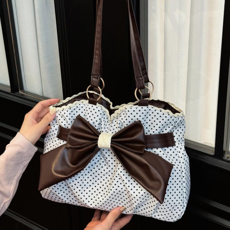 Polka Dot Shoulder Bag With Large Bow Decor Lace Trim Large Capacity Tote Bag Sweet Vintage Style Women Versatile Commut Handbag