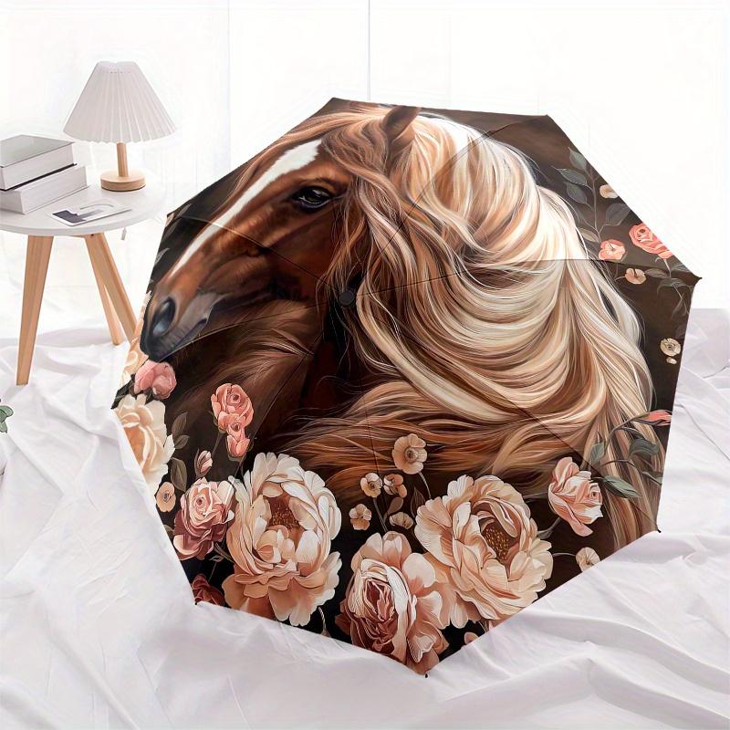 Horse Floral Theme 8 Bone Hand Automatic Folding Umbrella, Compact and Portable Design, A Perfect Gift for Birthday, Christmas or Business U