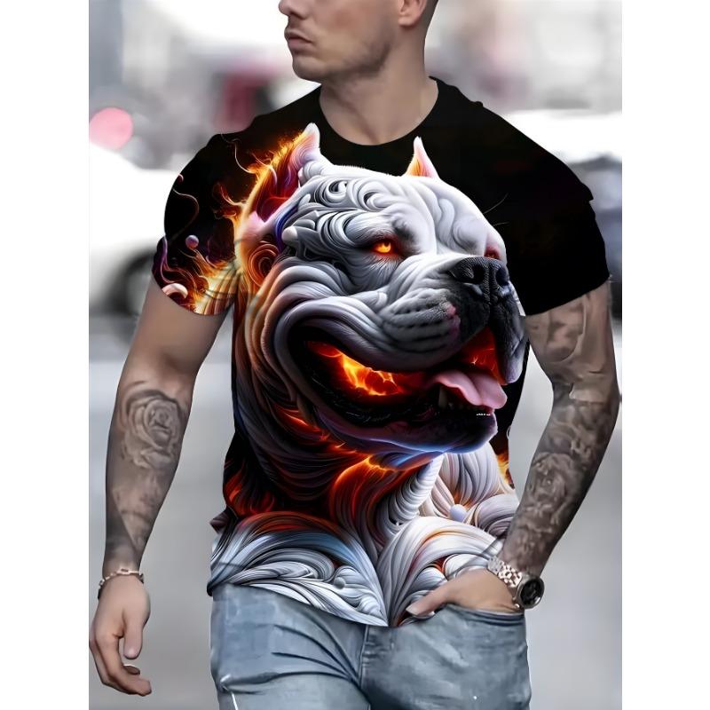 Мужская футболка Pitbull Свирепая голова бульдога 3D Графический принт Повседневная с коротким рукавом Круглый вырез Пуловер Крутая пламенная летняя футболка Топы Мужская одежда S чёрный
