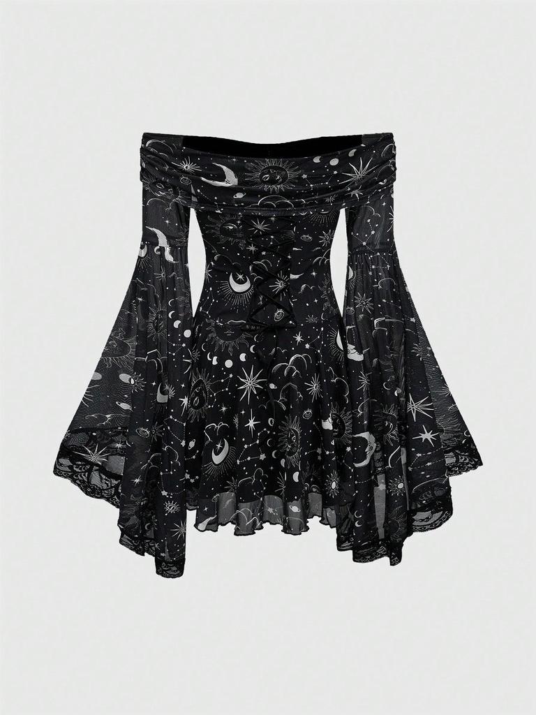 Gothic Star Moon Off-Shoulder Bell Sleeve A-Line Dress