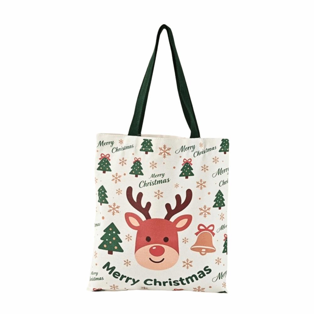 New Canvas Christmas Handbag Santa Snowman Reindeer Printed Reusable Shopping Bags Foldable Shoulder Bag Christmas Shopping