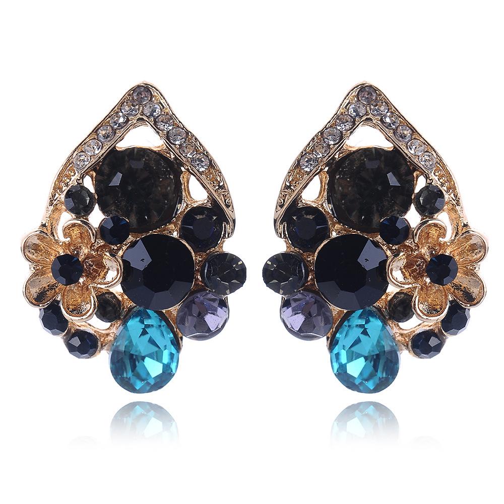 European  American Crystal Gem Flower Drop Earrings Alloy