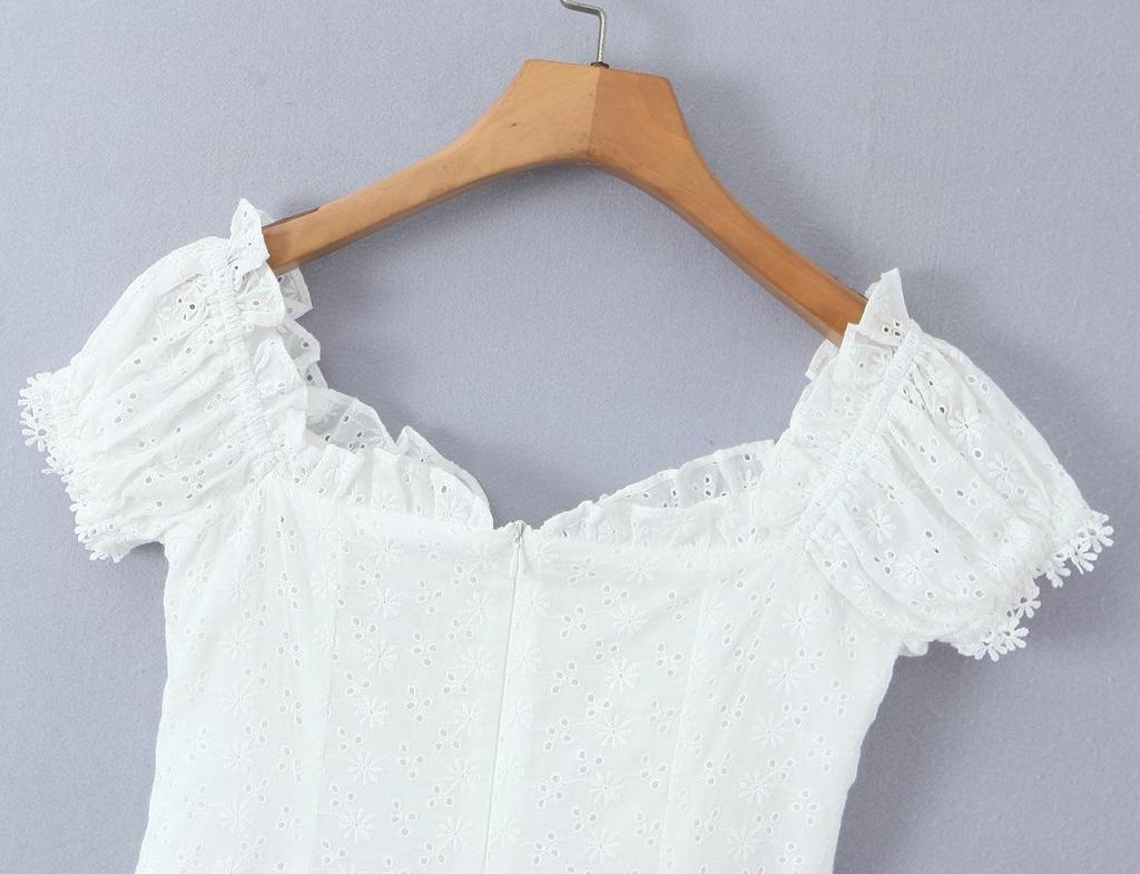 White One-Shoulder Lace Patchwork Slim Summer Dress with Cinched Waist and Short Sleeves