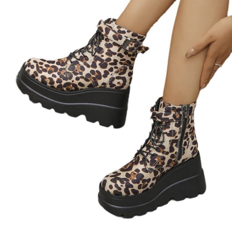 Large size thick-soled leopard print Martin boots, new autumn and winter height-increased outer low tube strap women's boots