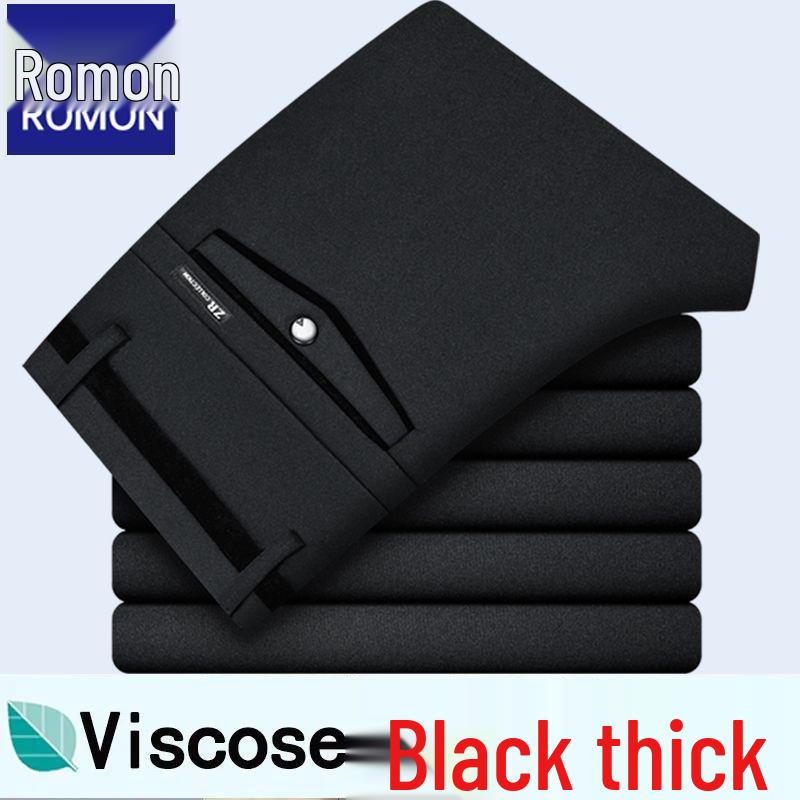 Romon Men's Fleece-lined Straight-leg Casual Pants - High Elastic, Iron-free, Thickened for Autumn/Winter.