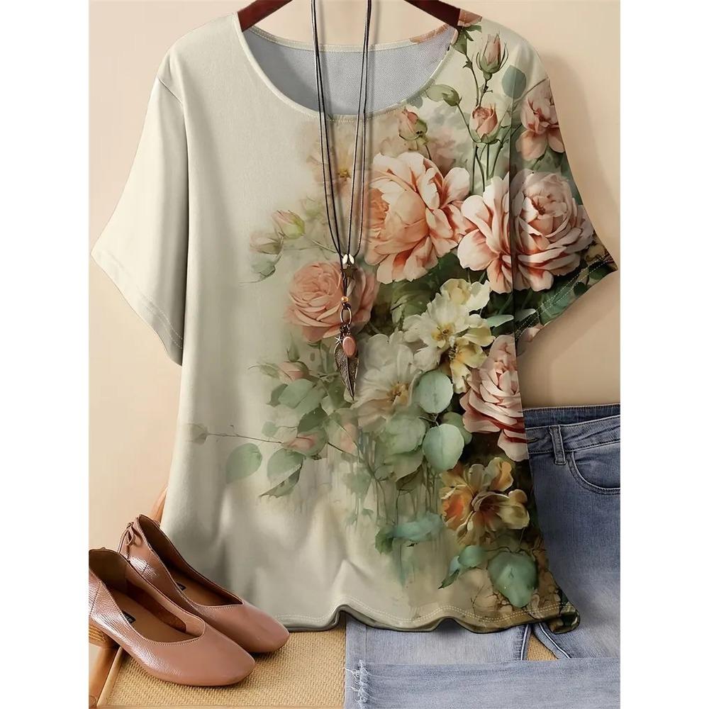Summer Fashionable Colorful Casual Round Neck Short Sleeved T-shirt Comfortable Breathable Vintage Flower 3d Printed Versatile Loose Women's T-shirt