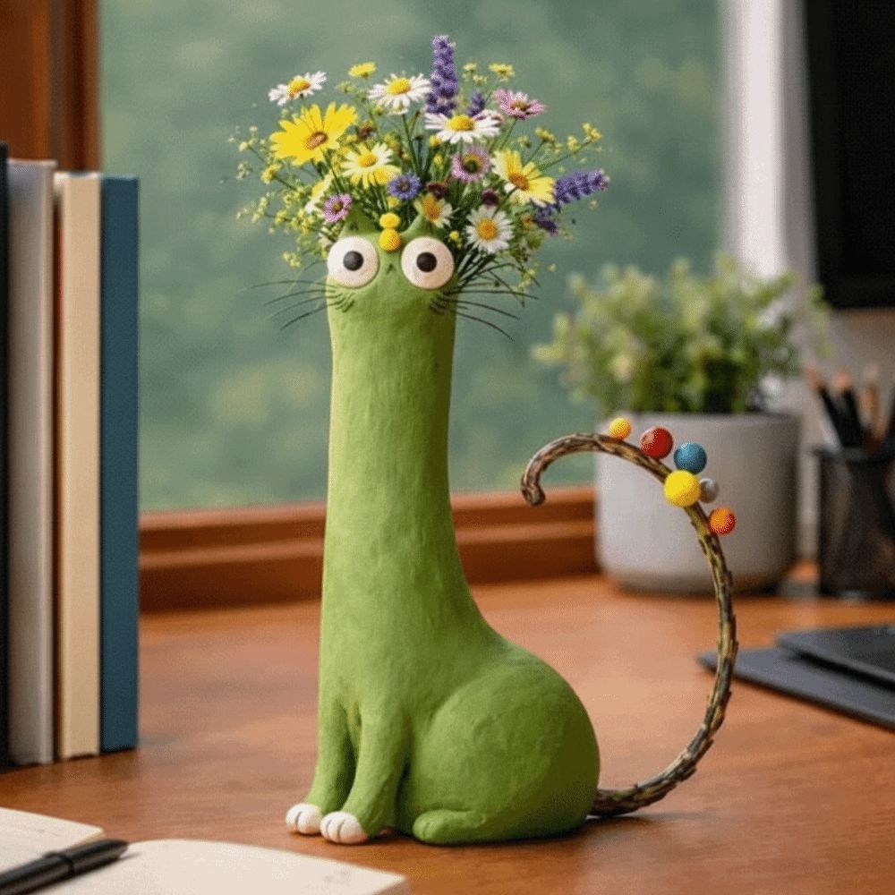 Süße Katze Blumenvase Langhalsige Kreative Cartoon-Katzenvase Handgefertigte Vase Ornamente Wohnzimmer