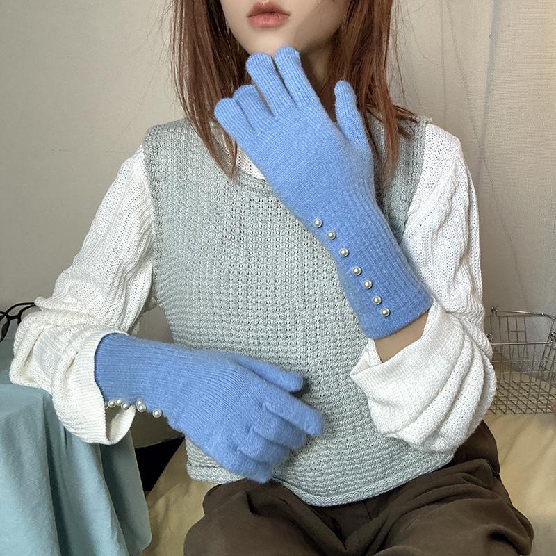 Korean Style Autumn/Winter Pearl Fingerless Touchscreen Wool Gloves for Women
