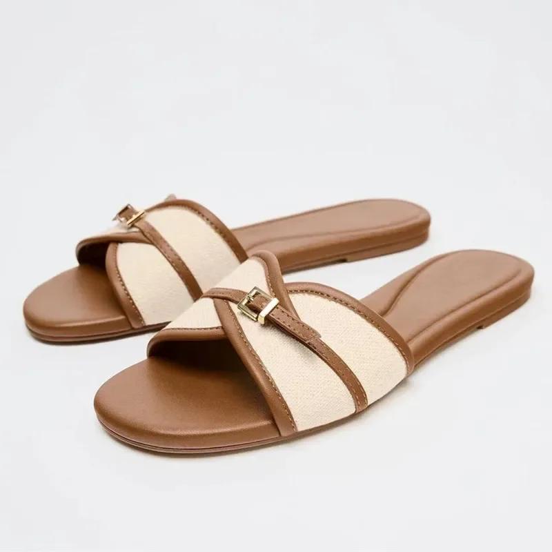 Fashion Novelty Blue Denim Flat Slippers Women Fashion Round Toe Metal Buckle Decorate Brand Designer Shoes Cozy Non-slip Beach Shoes