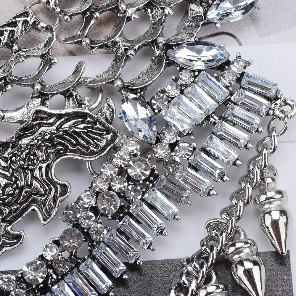 Vintage Silver Alloy Rivet Rhinestone Tassel Choker, Punk Luxury Style Collarbone Necklace
