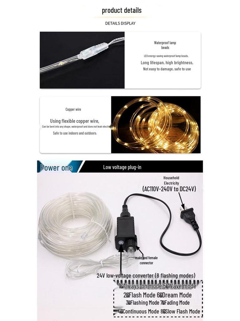 LED Solar Tube String Lights, Outdoor Waterproof Copper Wire, Soft Light Strip for Courtyard Decoration